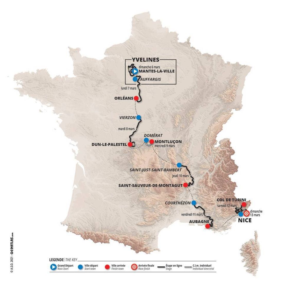 Le tracé de Paris - Nice 2022, avec des chances de victoires pour les coureurs Bretons. 